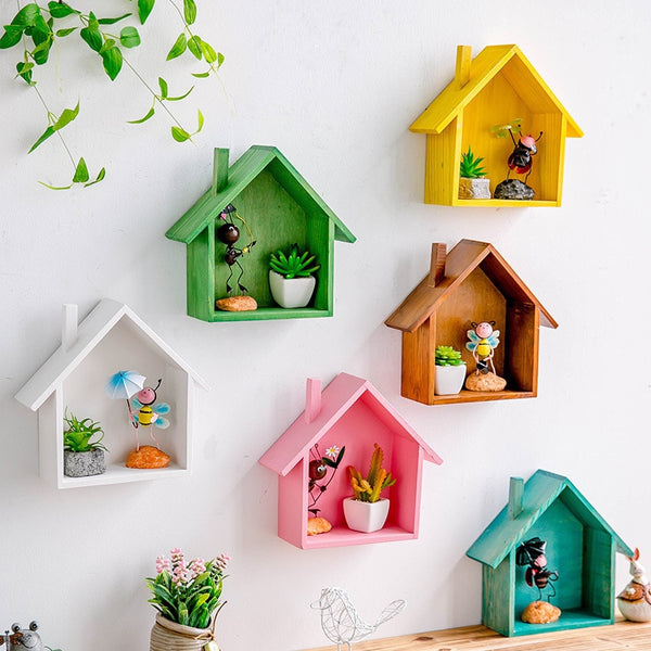 Creative Wooden Wall Decor Retro Village Colored Small House Wall Shelf Hanging Storage Box Wall Decor For Children's Room Gifts